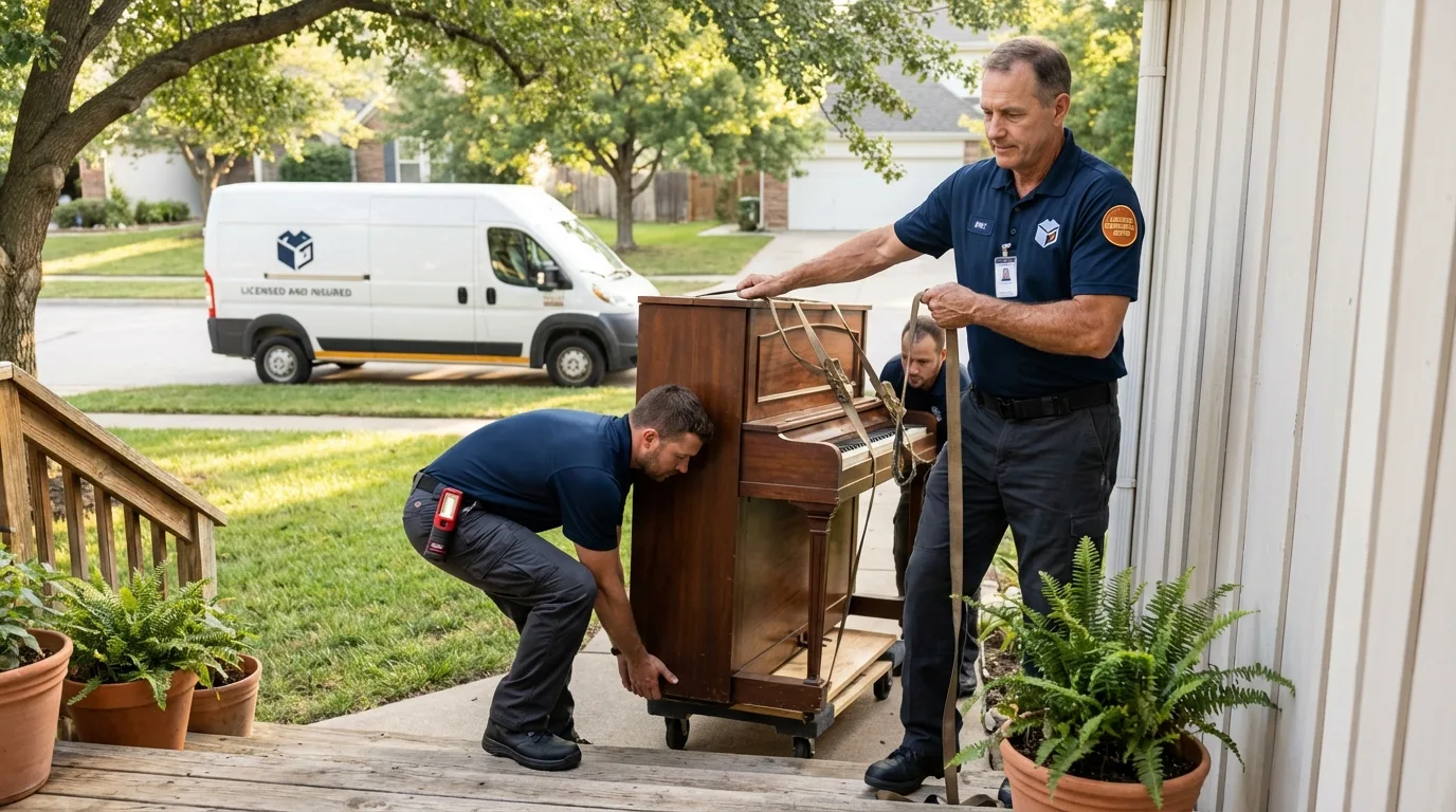 Licensed piano movers securing grand piano in Ashaway, RI