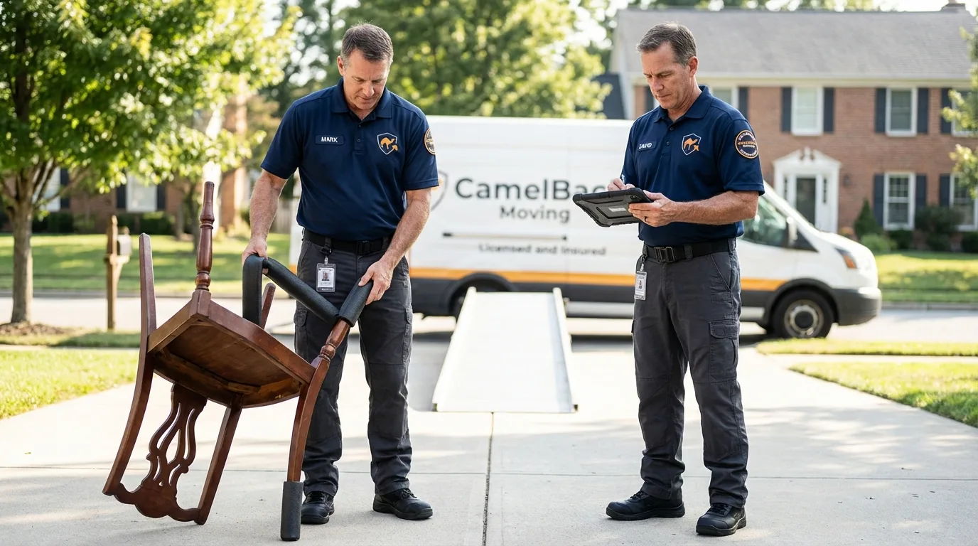 Movers inspecting furniture for damage prevention before loading in Ashaway, RI