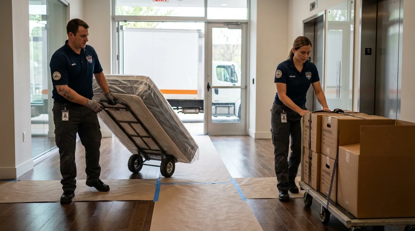 Professional apartment movers loading elevator in Ashaway, RI