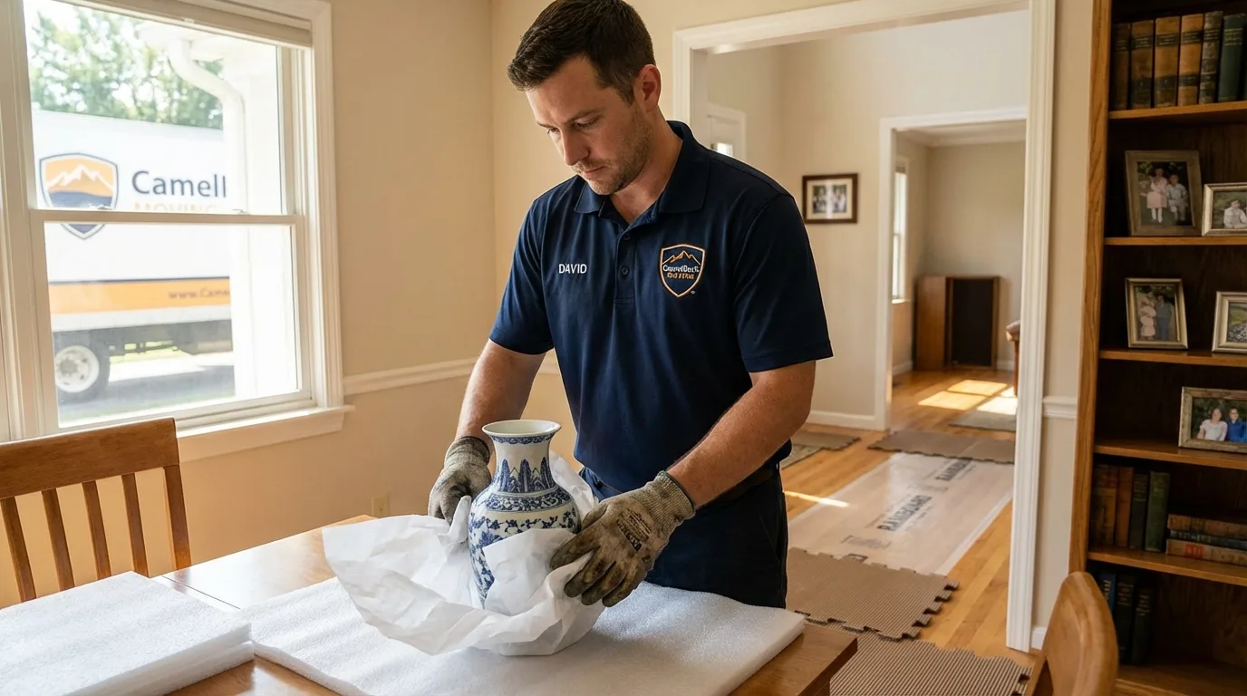 Professional crew carefully wrapping antique vase for senior downsizing move in Ashaway, RI