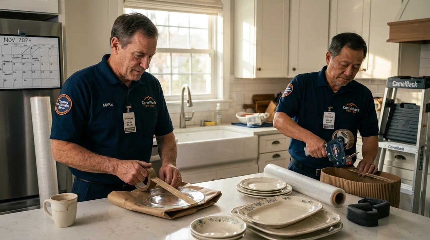Professional crew packing kitchen dishware in Ashaway, RI